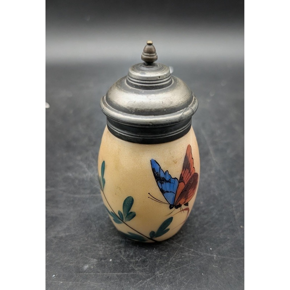 Mount Washington Opalware Mustard Pot Hand Painted Butterfly Victorian Art Glass